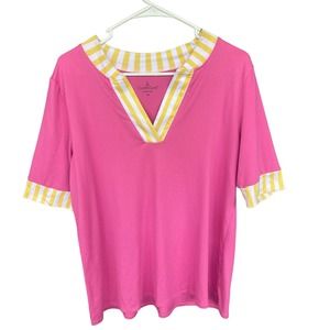 Cuddl Duds Shirt Womens Medium Pink Yellow V-neck Short Sleeve‎ Soft Casual